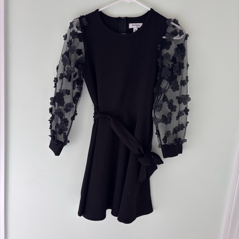 Speechless Black Dress with Sheer Floral Sleeves